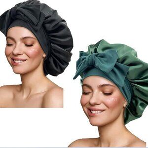 Black Satin Hair Bonnet with Tie Band Hair Wrap with Adjustable Straps